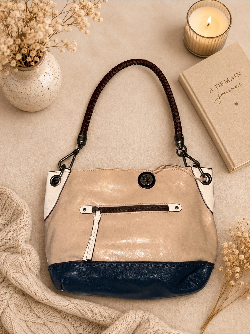 The Sak Leather Colorblock Shoulder Bag Braided Handle Cream Navy Brown Boho
